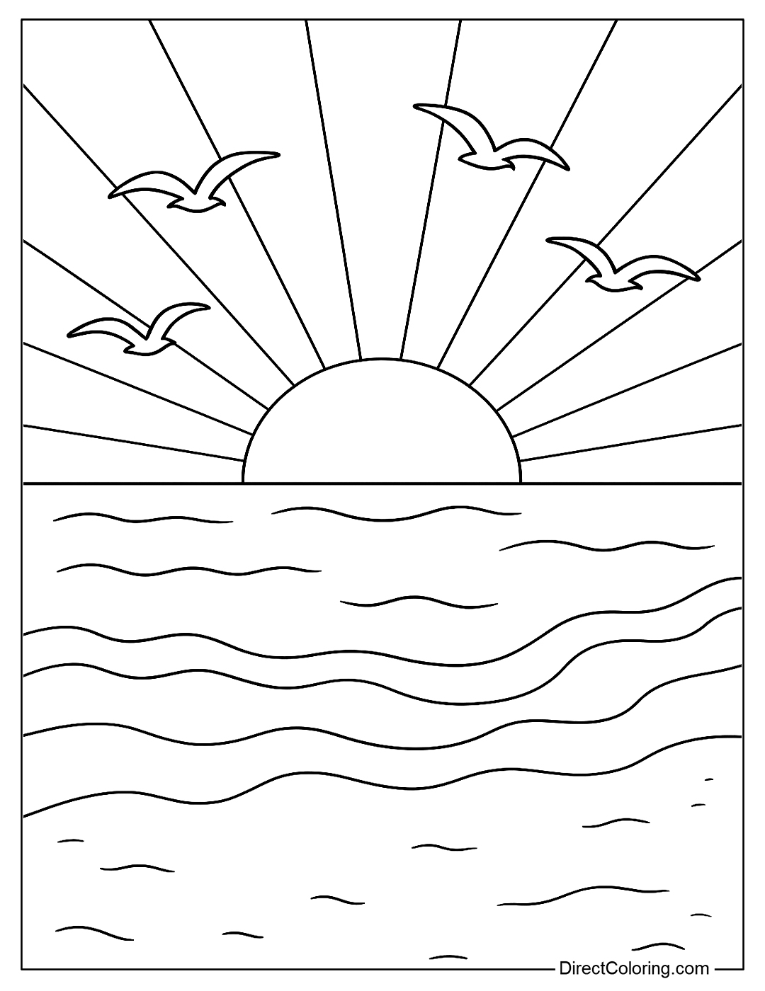 coloring page Sunset view over the ocean with seagulls flying over